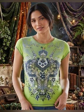Vintage Blue Canyon Y2K Lime Green Graphic Tee Shirt Fairy Grunge Boho Mandala M